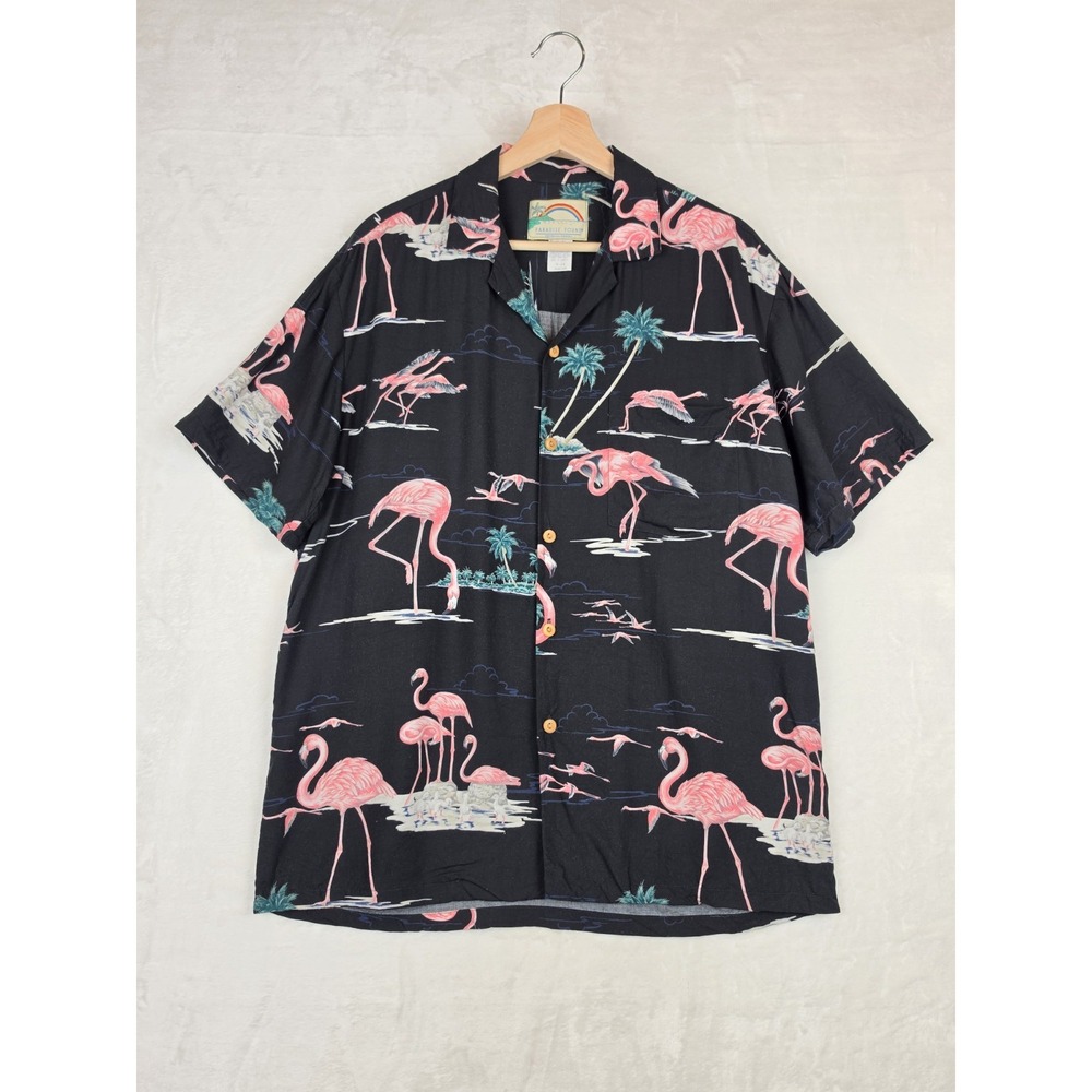 Paradise Found Mens Medium Flamingo Hawaiian Shirt 100% Rayon Made Hawaii
